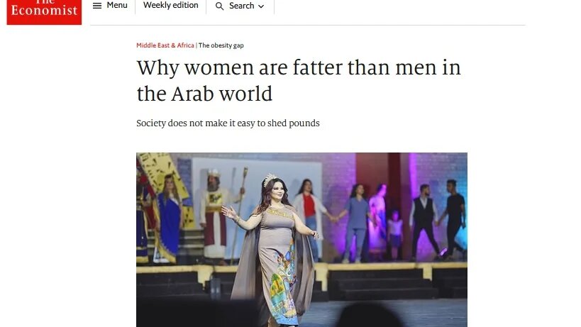 La couverture de l’article de The Economist, intitulée « pourquoi les femmes sont plus grosses que les hommes dans le monde arabe » (capture d’écran)