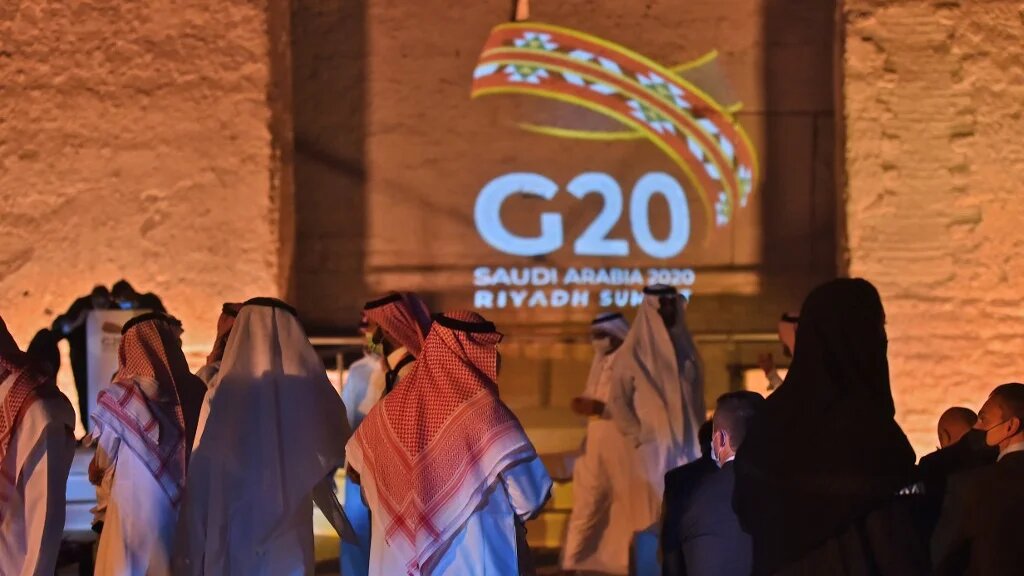 The G20 logo is projected at the historical site of al-Tarif in Diriyah district