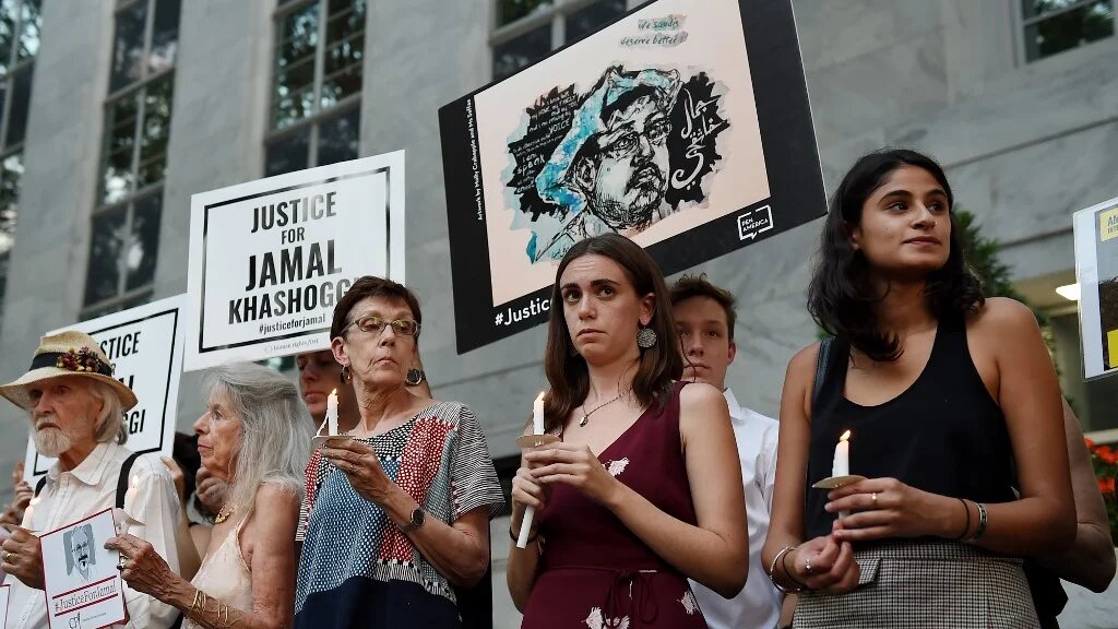 Protesters gather in front of the Saudi embassy in Washington to remember slain Middle East Eye columnist Jamal Khashoggi