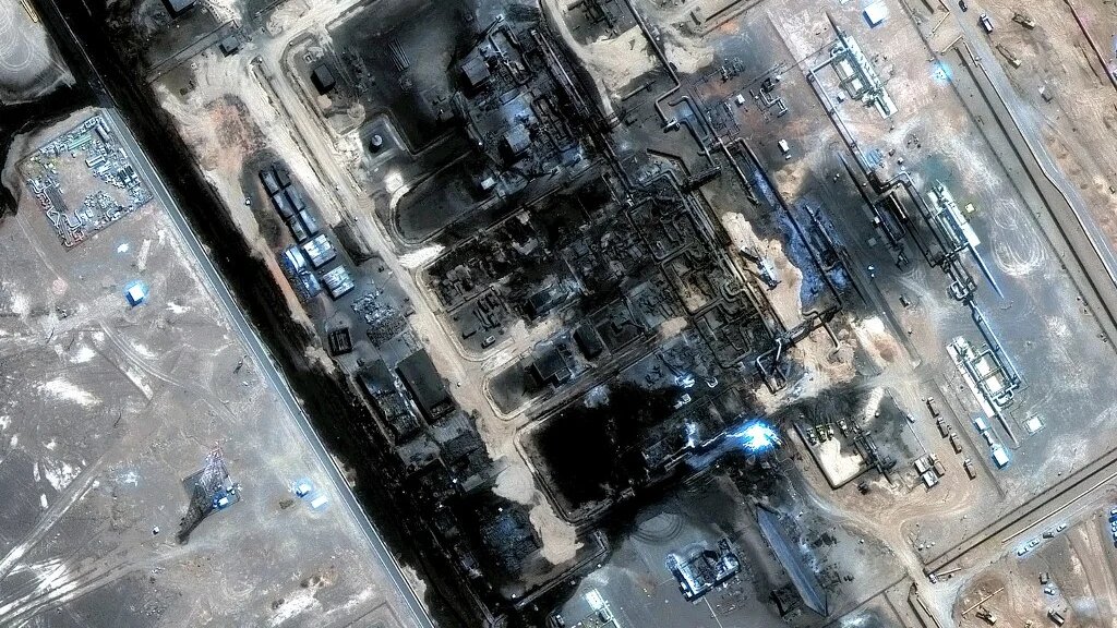 This handout satellite image released by Vantor shows a view of a pumping station along the general route of Saudi Arabia's East-West pipeline (Petroline) in al-Mesabaah, southeast of Medina, on September 13, 2026. (Satellite image ©2026 Vantor / AFP)