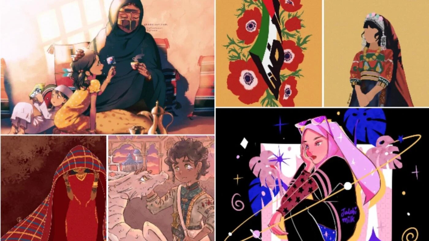 #ArtMubarak réunit des artistes de confession musulmane pour partager leur travail et leur donner la possibilité de développer leur réseau (captures d’écran/Twitter, dans le sens des aiguilles d’une montre : Ghada @Ghadaaax ; Yasemin @malek_is_alive ; Noor Ali @noors_nook ; Javeria @jazzcast ; Koala @sleepinggoblin ; Maha Yassin @mahaYssin)