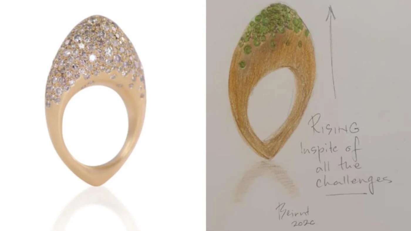 Cette bague est censée représenter la résilience de Beyrouth mais n’a pas reçu un bon accueil sur internet (capture d’écran/réseaux sociaux/Forbes)