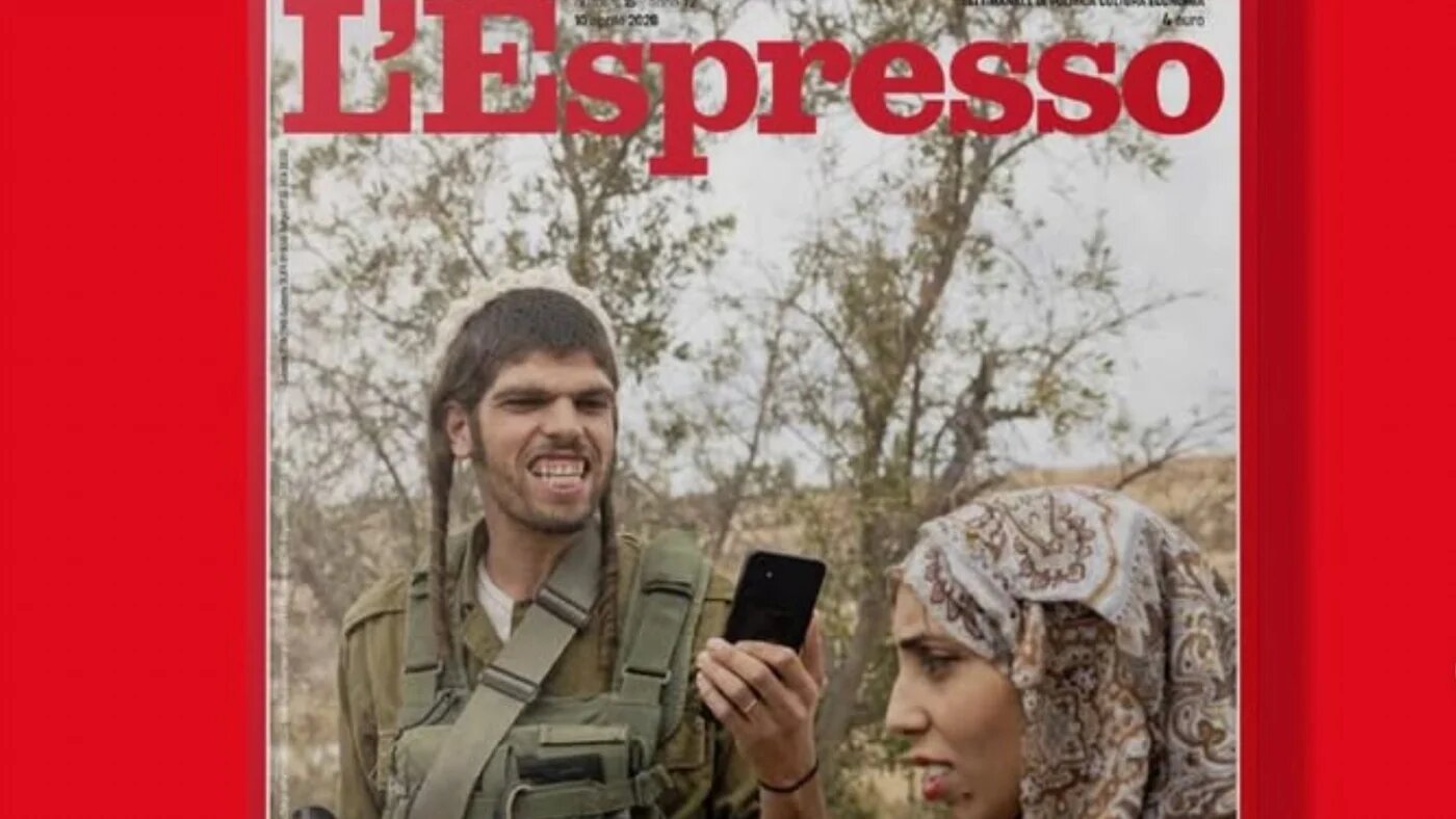 L'Espresso's front page depicting Israeli settler threatening Palestinians in the occupied West Bank (Screenshot from Instagram/Pietro Masturzo)