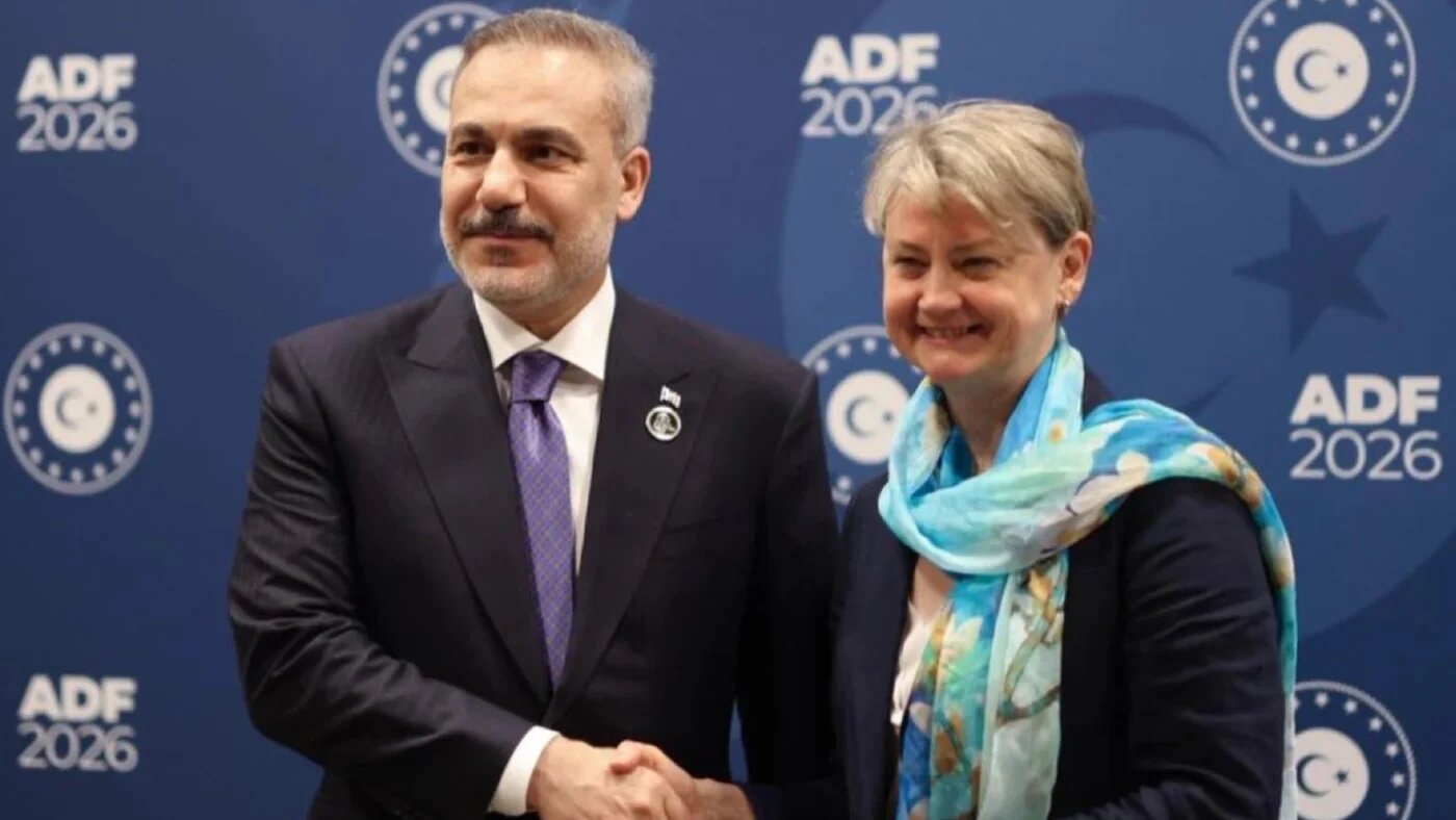 Turkish Foreign Minister Hakan Fidan and British Foreign Secretary Yvette Cooper at the Antalya Diplomacy Forum last weekend. (Screengrab/X)