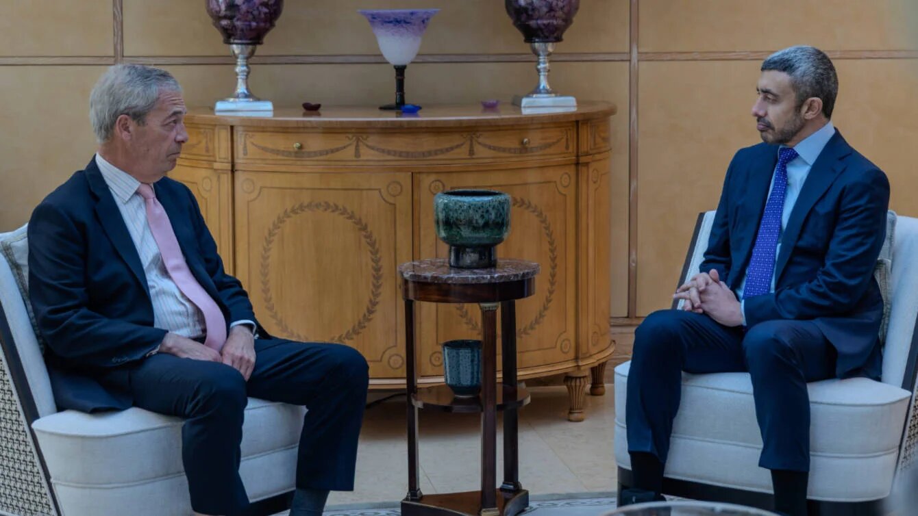 UAE Foreign Minister Abdullah bin Zayed Al Nahyan meets Reform UK leader Nigel Farage in London on 15 May 2026 (Screengrab/X)
