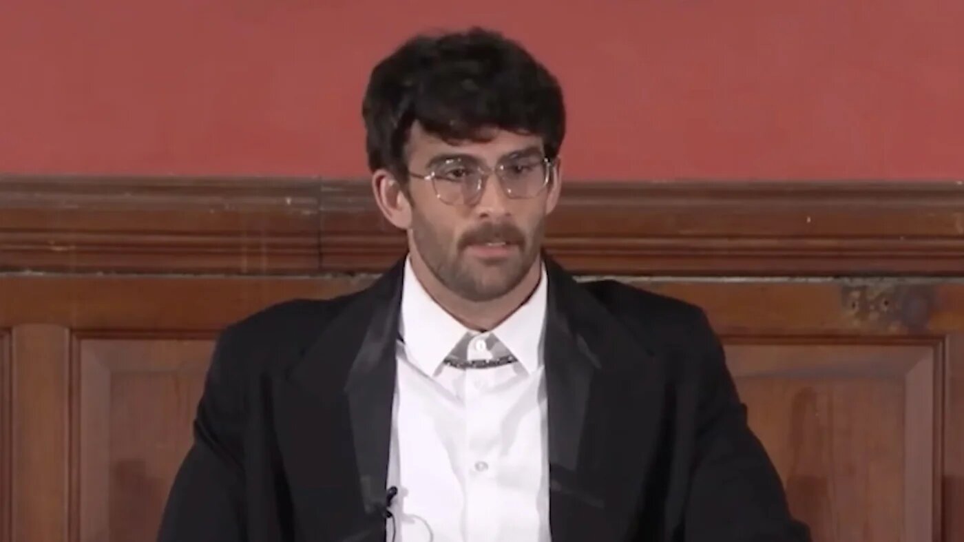 Hasan Piker addresses the Oxford Union last year. (Screengrab/X)