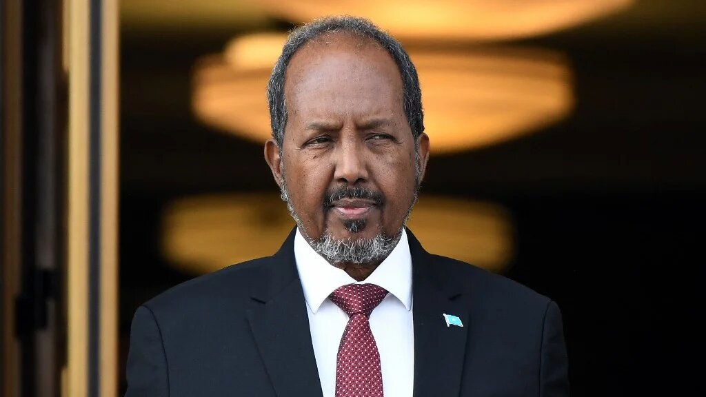 Somali President Hassan Sheikh Mohamud looks on during a welcoming ceremony before talks with US Defense Secretary Lloyd Austin at the Pentagon in Washington, DC, on September 15, 2022. (AFP)