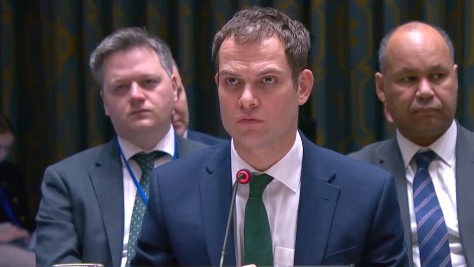 British MP Hamish Falconer speaks at a Security Council meeting at the United Nations headquarters on 20 January 2025 (UK government)