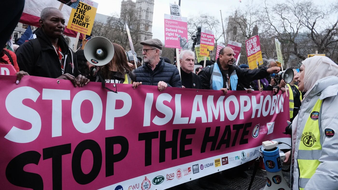 Activists and politicians gather in front of the Home Office in London to participate in the Annual National March Against Racism on 16 March 2024 (Joao Daniel Pereira/Sipa USA via Reuters)