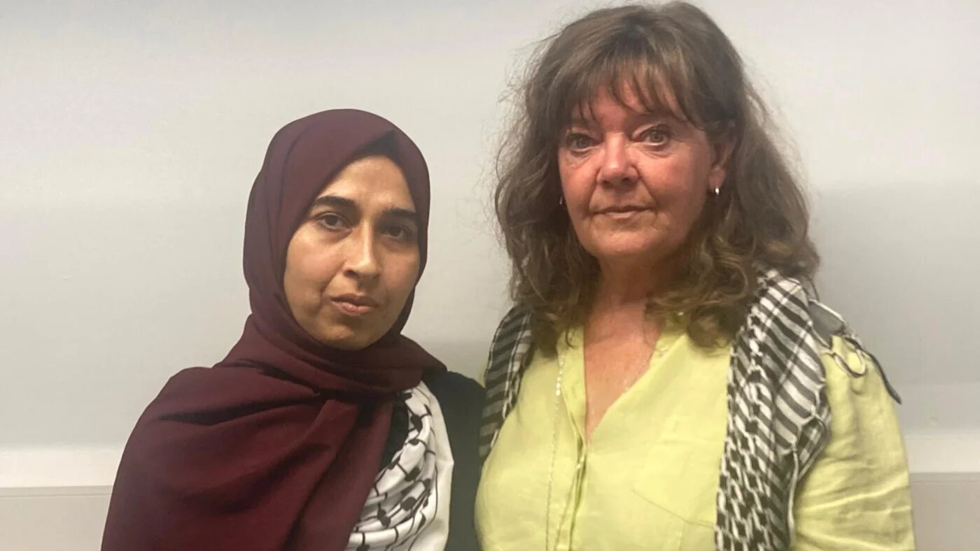 Sukaina Rajwani, defendant Fatema Rajwani's mother stands with Emma Kamio, Leona 'Ellie' Kamio's mother, 3 September 2026 (MEE/Katherine Hearst)
