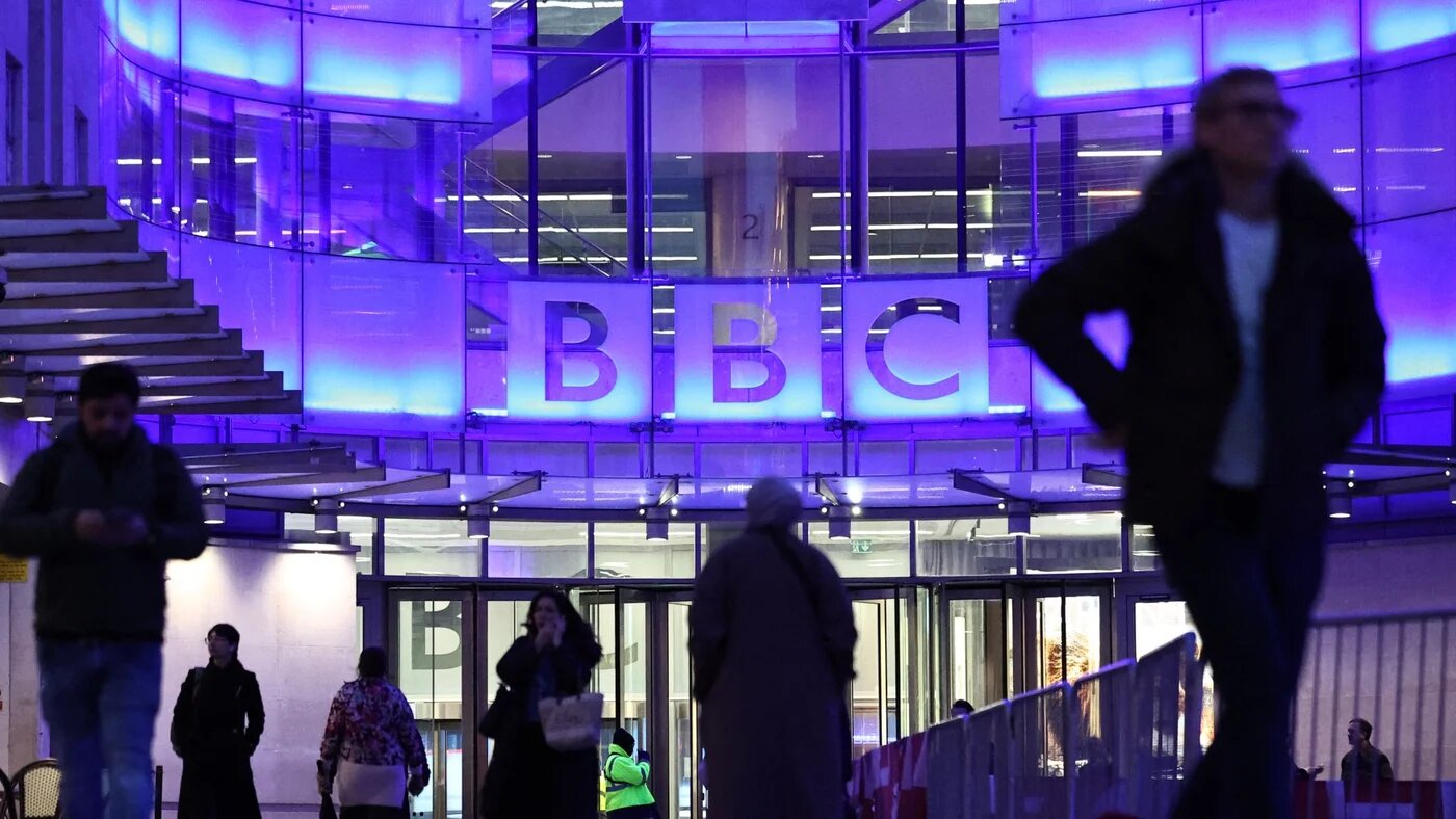 The logo of British broadcaster BBC is pictured at the entrance to their offices in London on 11 November, 2025 (AFP)