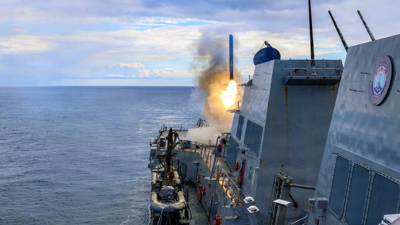 This US Navy photo released by US Centcom public affairs shows Arleigh Burke-class guided-missile destroyer USS Thomas Hudner firing a Tomahawk land attack missile from an undisclosed location on 1 March 2026 (AFP)