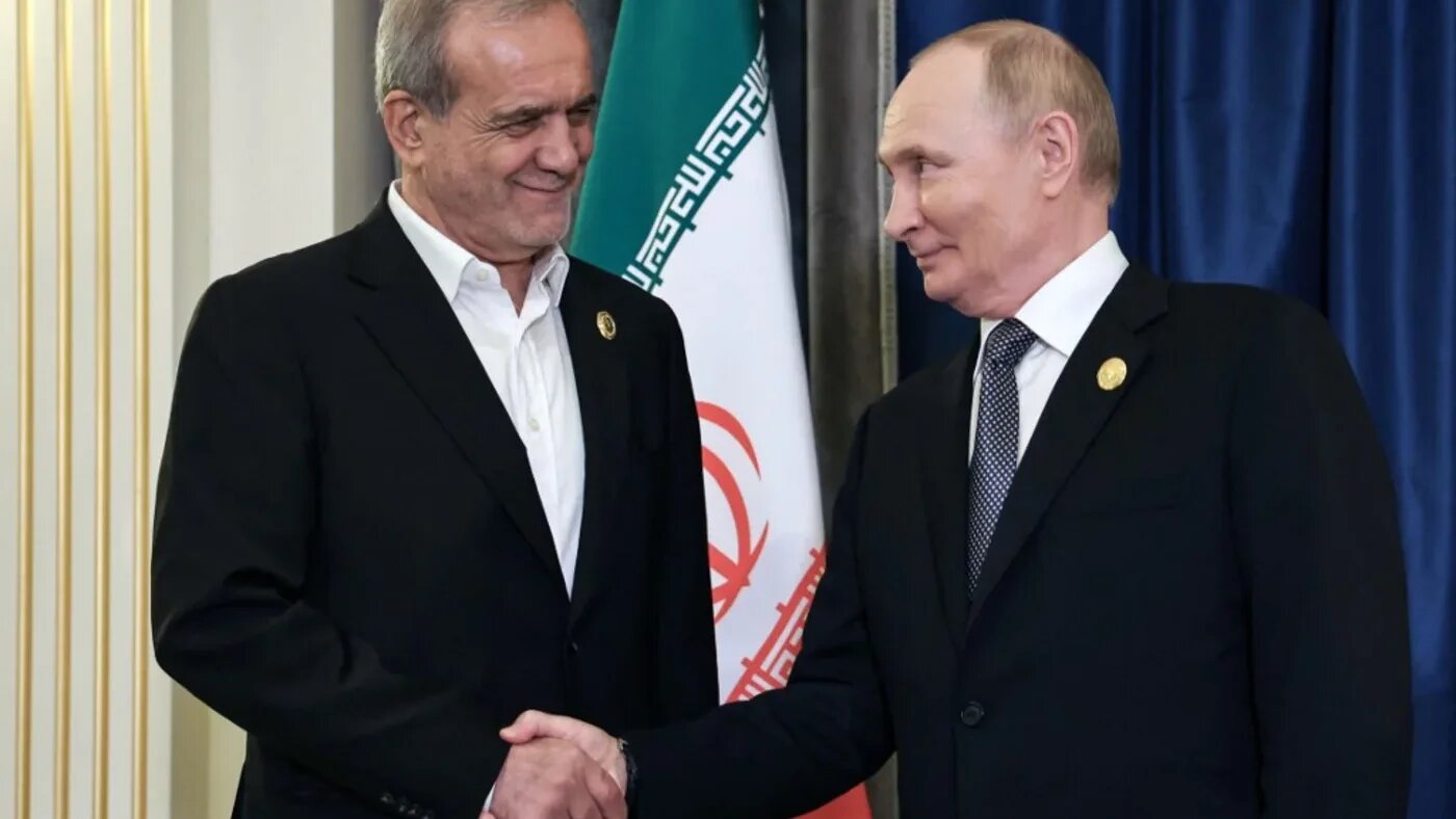 Russia's President Vladimir Putin with Iranian counterpart Masoud Pezeshkian at the Shanghai Cooperation Organisation Summit in Tianjin on 1 September 2025 (Alexander Kazakov/pool/AFP)