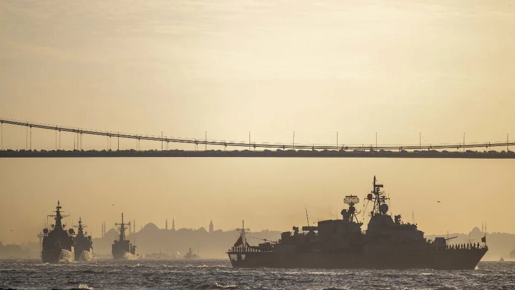 Turkish aircraft carrier of the Turkish Navy TCG Anadolu performs a military parade on the Bosphorus to mark the 100th anniversary of Turkish Republic in Istanbul on October 29,2023 (Bulent Kılıc /AFP)
