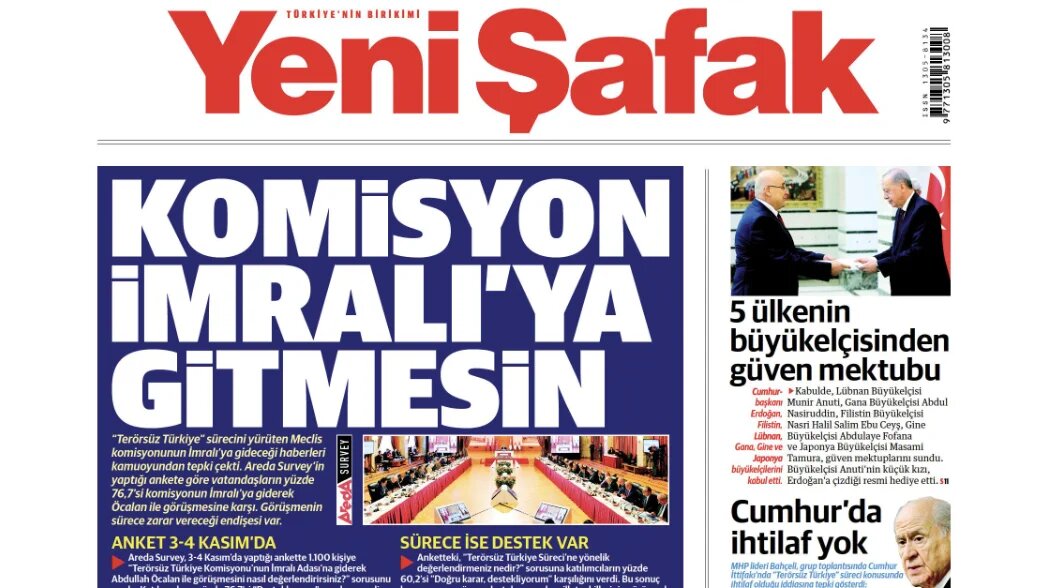 Turkish newspaper Yeni Safak says on 5 November 2025 in the headline that parliamentary commission shouldn't visit PKK leader Abdullah Ocalan in Imrali Island where he has been imprisoned for decades. (Screengrab)