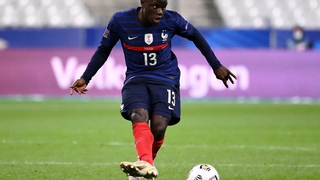 France's midfielder NGolo Kante kicks the ball during the Nations League football match between France and Portugal, on October 11, 2020 at the Stade de France in Saint-Denis, outside Paris. (FRANCK FIFE / AFP)