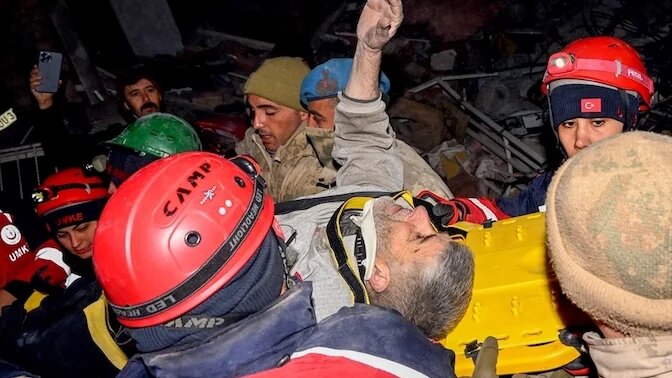 55-year-old Syrian man is rescued from rubble 138 hours after 7.7 and 7.6 magnitude earthquakes hit multiple provinces of Turkey including Kahramanmaras, on February 11, 2023. (Anadolu)