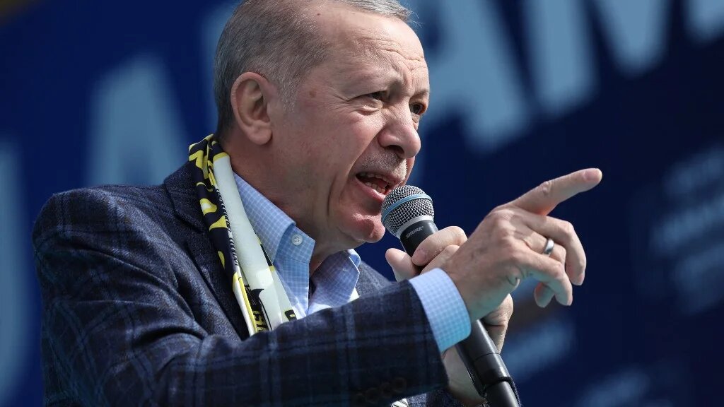 Turkish President Recep Tayyip Erdogan delivers a speech during an election campaign rally in Ankara, on 30 April 2023 (AFP)