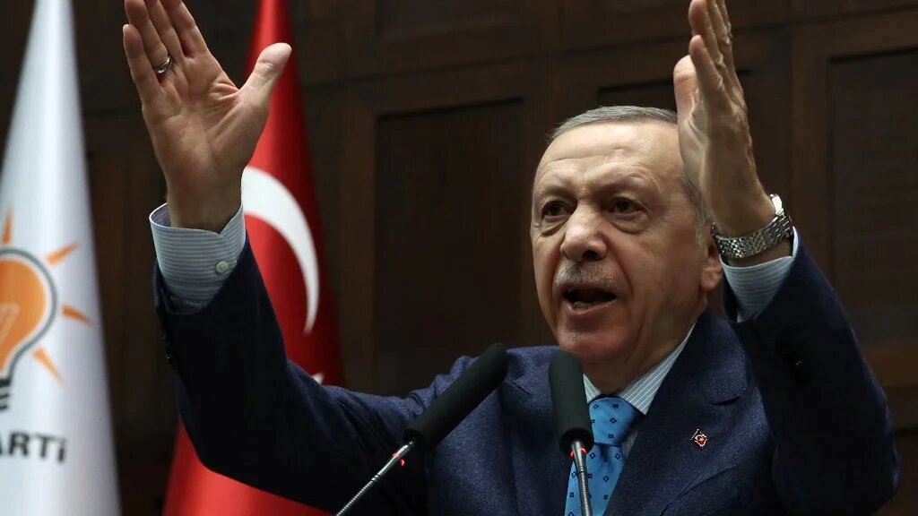 Turkish President Recep Tayyip Erdogan speaks during a group meeting at the Turkish Grand National Assembly in Ankara on 18 January 2023 (AFP)