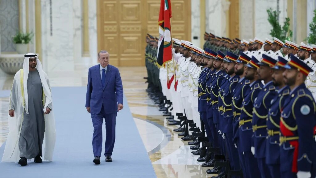 This handout image provided by the Turkish Presidency Press Office shows UAE's President Mohamed bin Zayed al-Nahyan (L) receiving Turkey's President Recep Tayyip Erdogan in Abu Dhabi on July 19, 2023. (Handout / AFP)