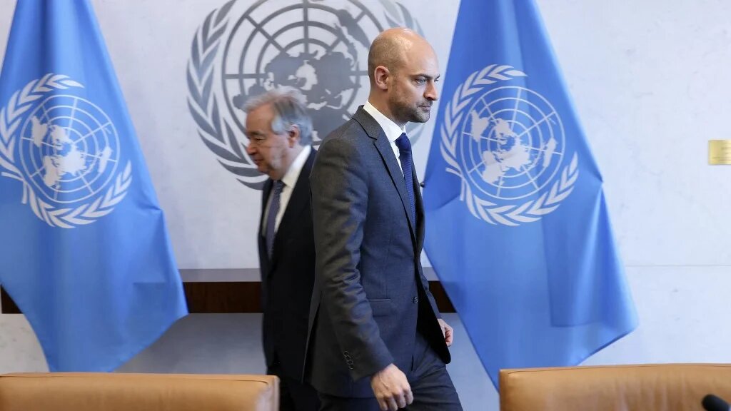 UN Secretary General Antonio Guterres and French Minister of Foreign Affairs Jean-Noel Barrot at a UN conference on a two-state solution, at UN headquarters in New York on 29 July 2025 (Charly Triballeau/AFP)