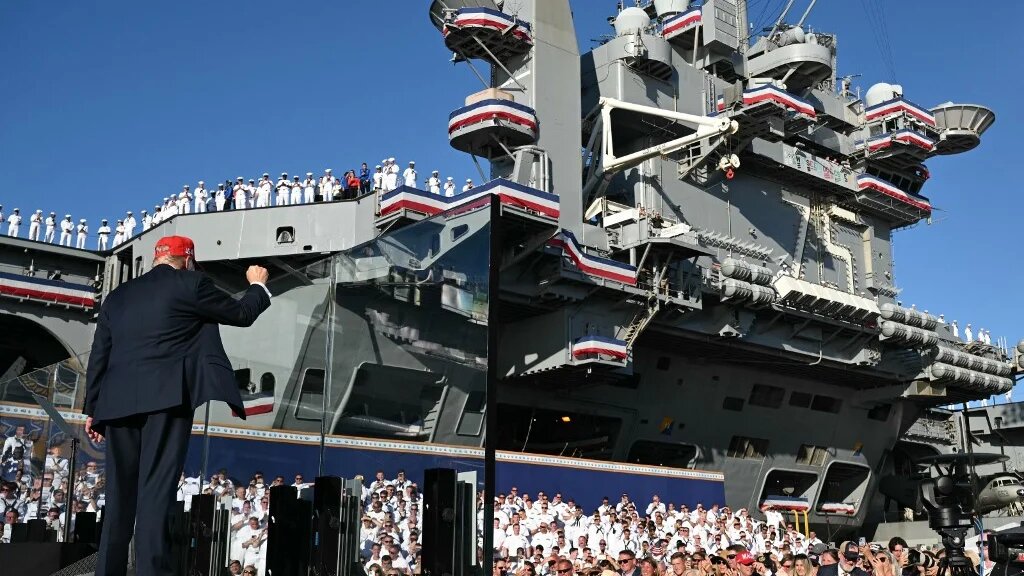 US President Donald Trump visits the USS Harry S Truman during the US Navy's 250th anniversary celebration at Naval Station Norfolk in Virginia, 5 October 2025 (Saul Loeb/AFP)