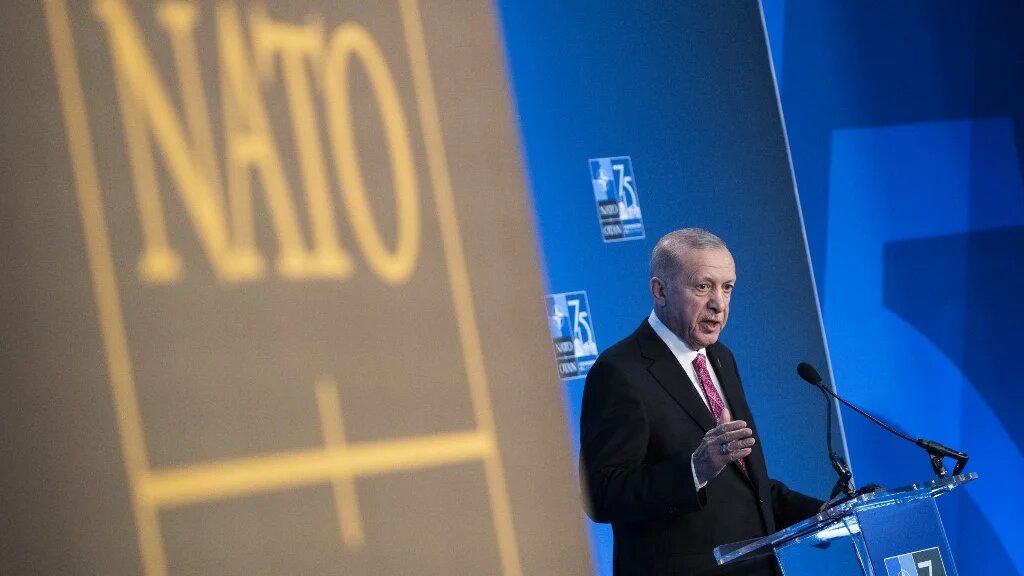 Turkish President Recep Tayyip Erdogan speaks during a press conference on the sidelines of the Nato 75th anniversary summit at the Walter E. Washington Convention Centre in Washington, DC on 11 July 2024 (AFP/Roberto Schmidt)