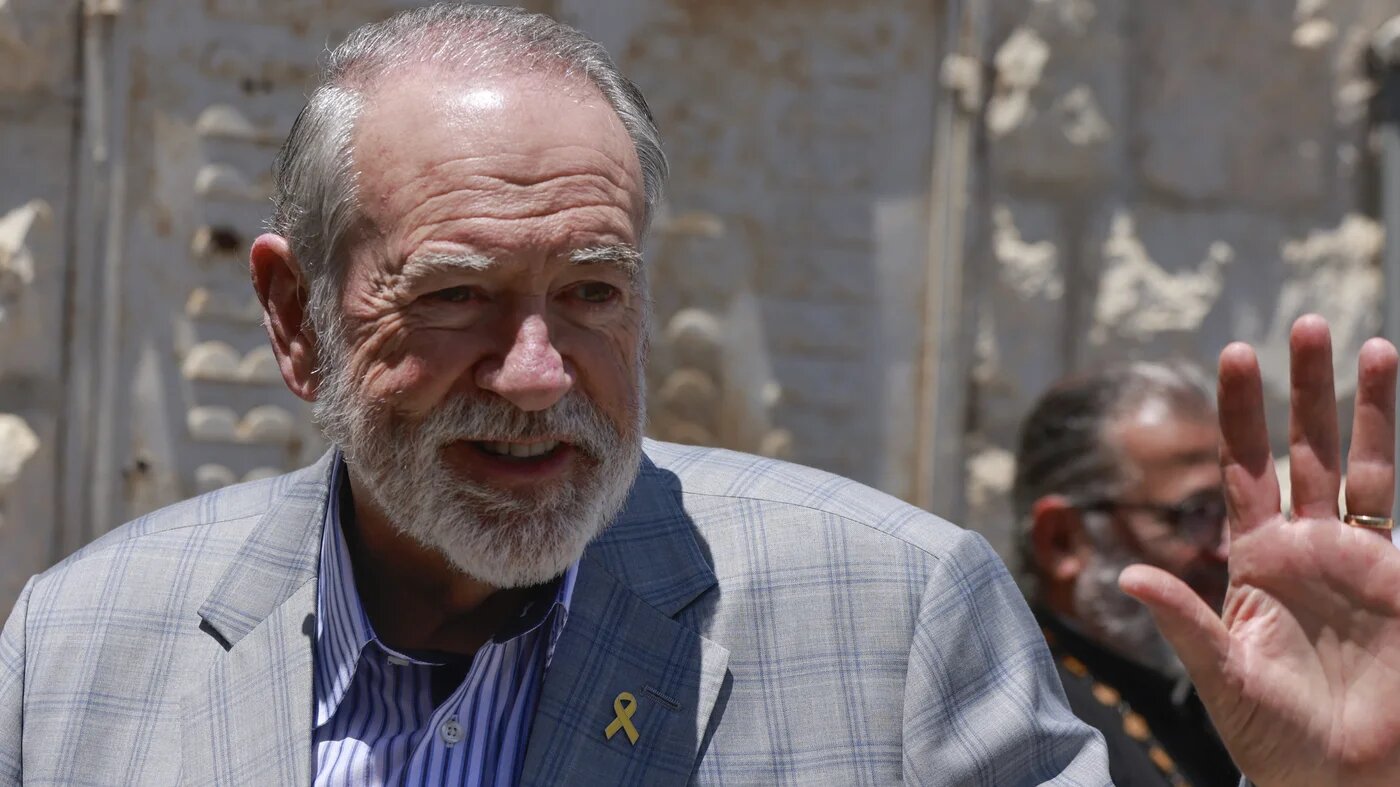 US ambassador to Israel Mike Huckabee visits Palestinian village, northeast of Ramallah, West Bank, on 19 July, 2025 (AFP/Jaafar Ashtiyeh)