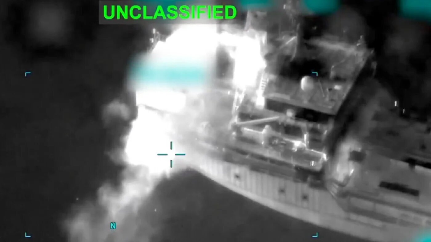 A screengrab of footage released by US Central Command shows the moment the Palau-flagged MT Settebello was struck by US forces in the Gulf of Oman on 10 June 2026 (Screengrab/Centcom)