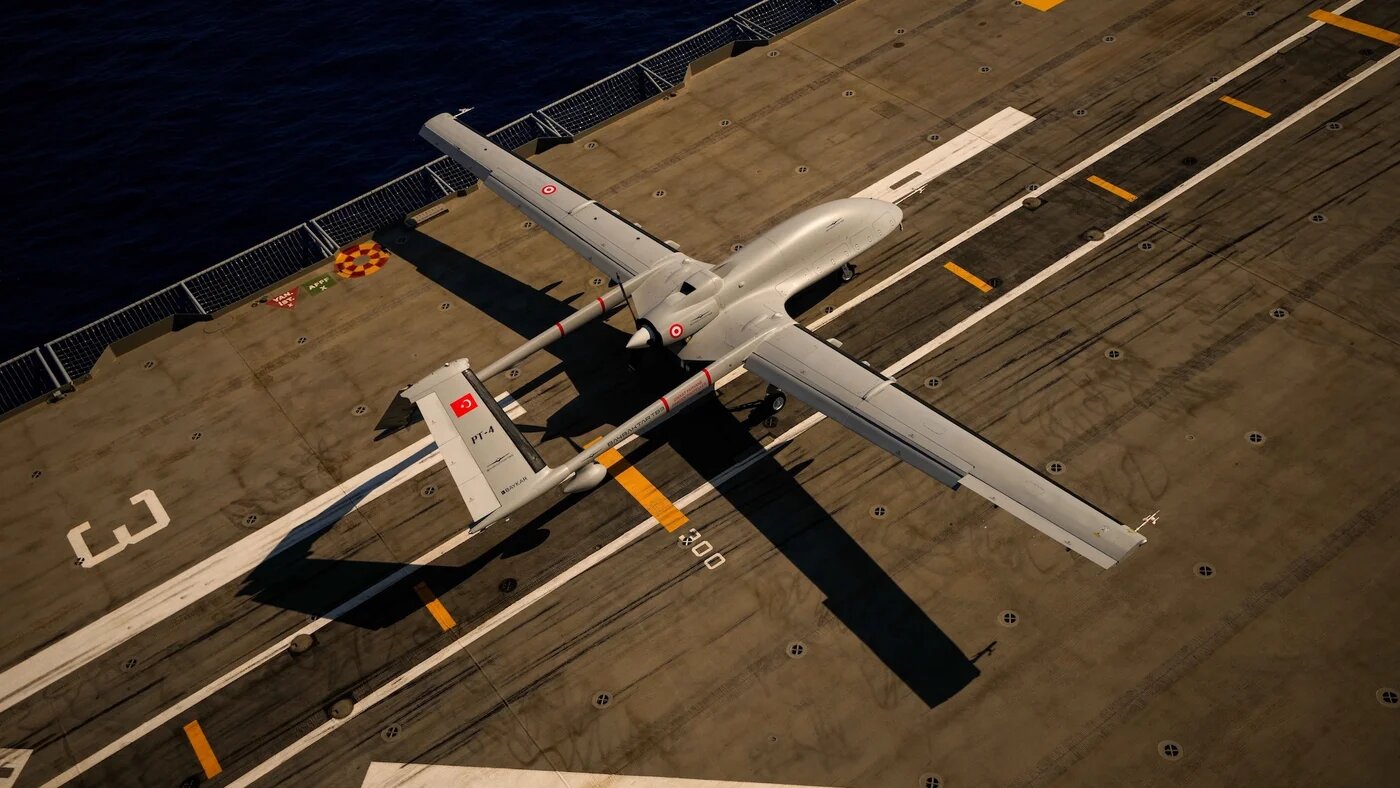 A Turkish-made TB3 drone is seen on board of Turkish aircraft carrier TCG Anadolu in an undated photo. (Handout)