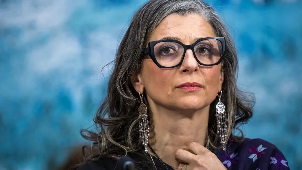 United Nations (UN) special rapporteur on the occupied Palestinian territories Francesca Albanese presents her latest report before delegates at the UN Rights Council, in Geneva, on 23 March 2026 (Fabrice Coffrini/AFP)