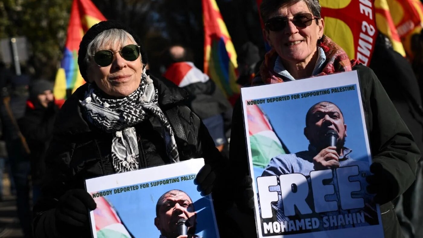 Protesters hold posters reading "Free Mohamed Shahin" during a nationwide strike organised by the Unione Sindacale di Base (USB Union) in Turin, northwestern Italy on November 28, 2025 (AFP)