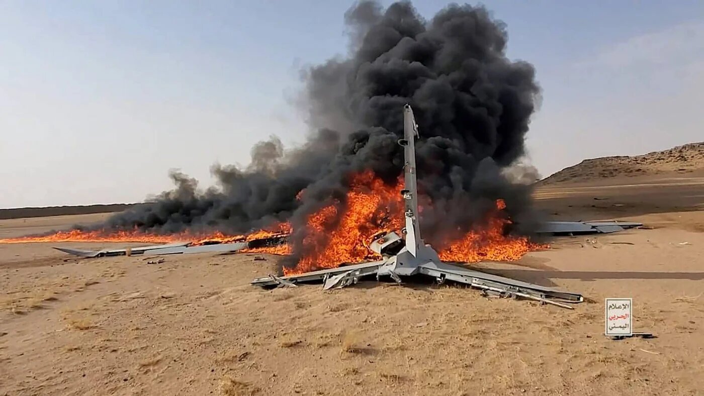 Wreckage of what Yemen’s Houthis said was a downed Saudi drone in al-Jawf governorate on 26 July 2026 (Ansar Allah media centre/AFP)