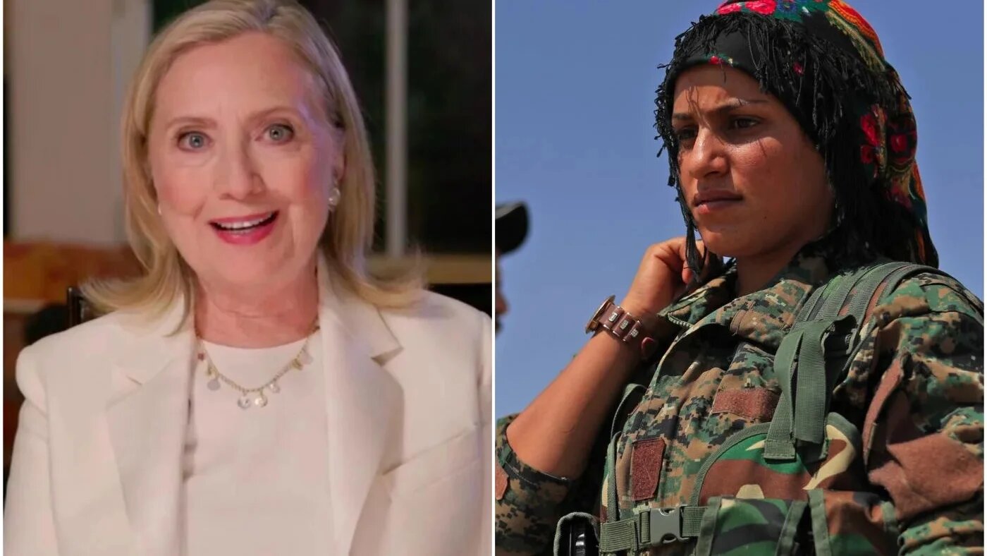 Hillary Clinton dans une publicité du Parti démocrate américain et une combattante des YPJ (AFP)