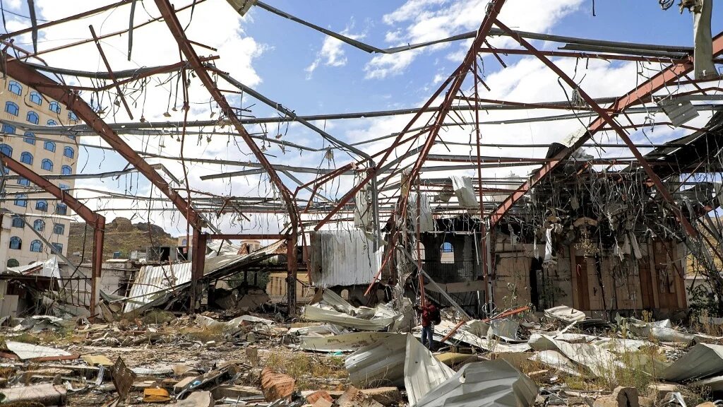 A funeral hall in Sanaa which the Saudi-led coalition bombed in 2016, killing at least 140 and injuring 500 (AFP)