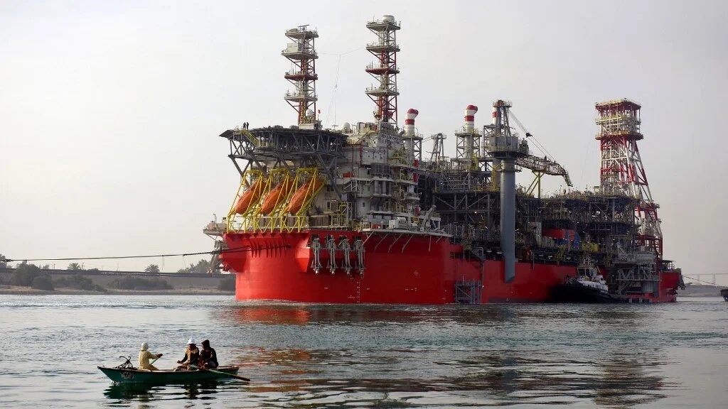 An Energean floating production storage and offloading ship is towed through Egypt's Suez Canal on 2 June 2022 (AFP)