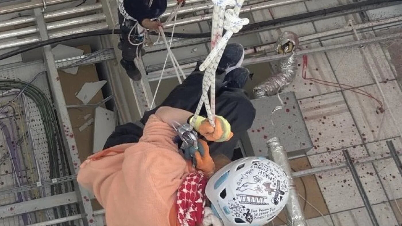 Activists drilled holes into UAV Tactical Systems factory and subsequently abseiled into the building on 24 April 2026 in Leicester, England (The Aftershock/X)
