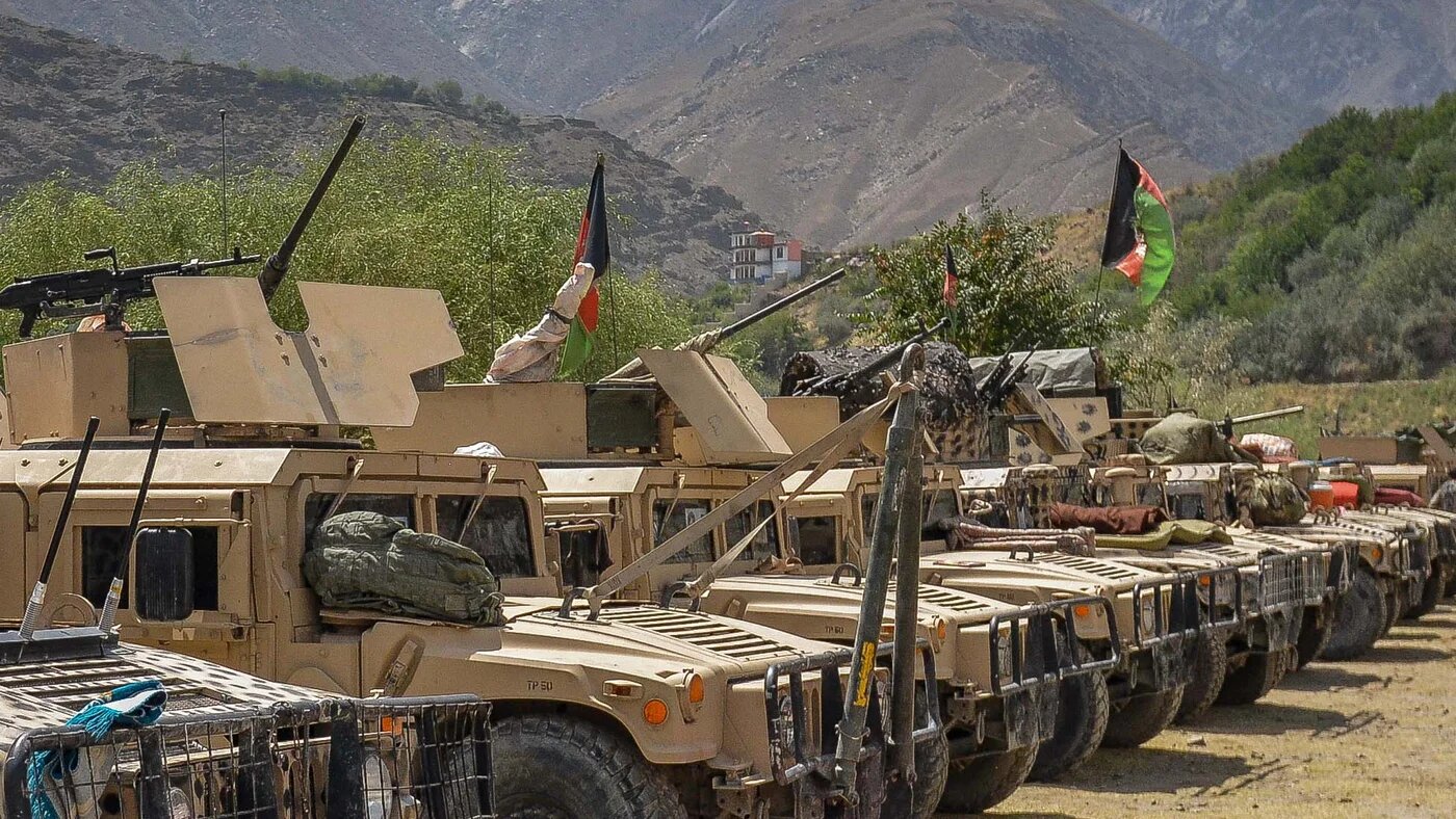 A picture taken on 19 August 2021 shows Humvee vehicles operated by Afghan armed men supporting the Afghan security forces against the Taliban in the Panjshir province.