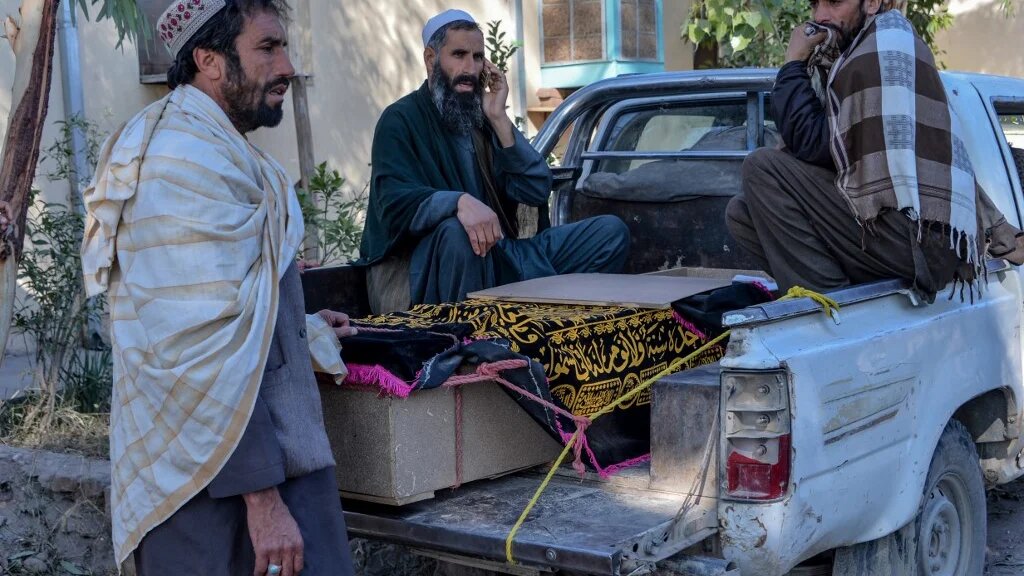 Relatives mourn next to the coffin of a victim who was killed during an air strike in Nangarhar province on 15 February 2020.