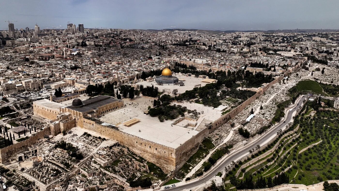 This aerial image taken on 22 March 2023 shows the Dome of the Rock and Al-Aqsa Mosque on the compound in Jerusalem's Old City (Ilan Rosenberg/Reuters)