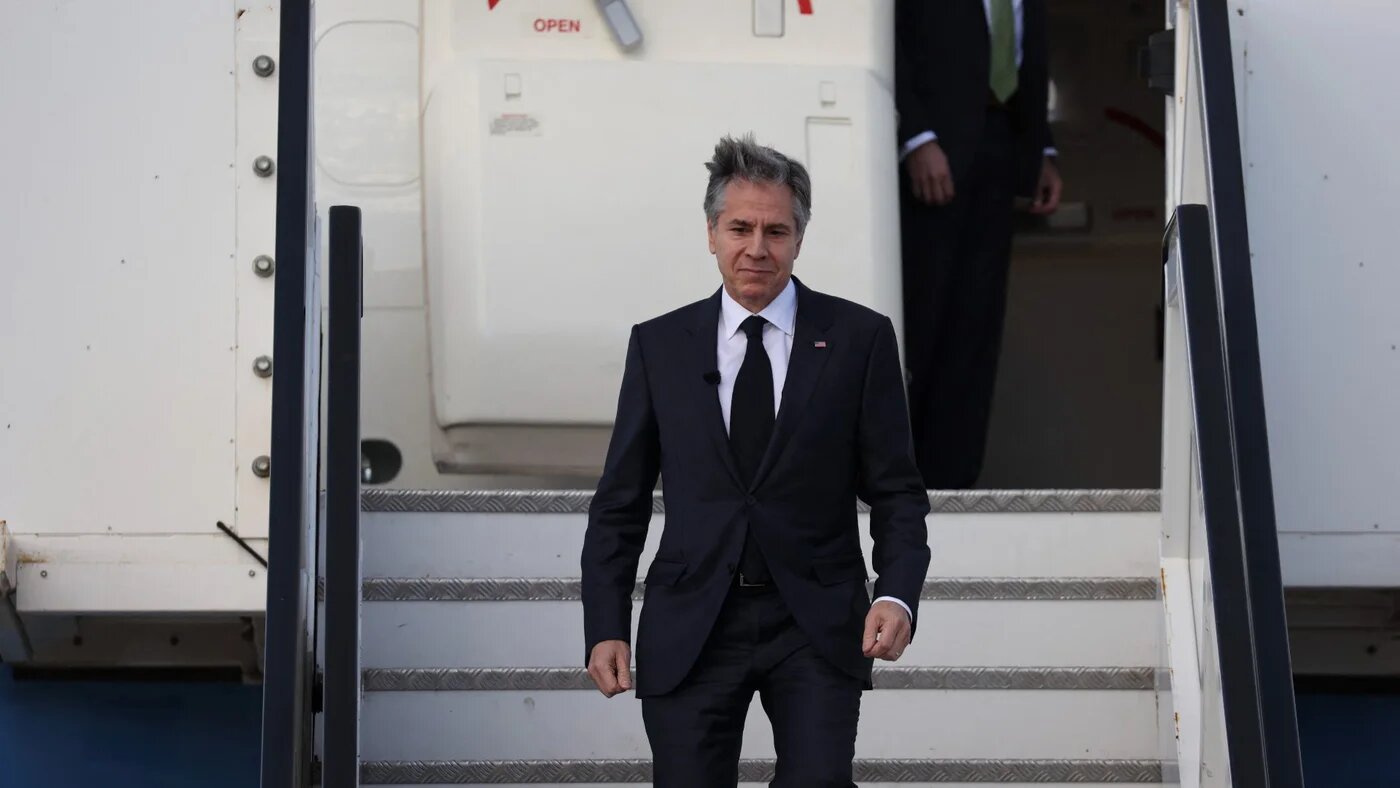 US Secretary of State Antony Blinken disembarks from his plane upon arrival at Israel's Ben Gurion Airport near Tel Aviv on 30 January 2023 (AFP)