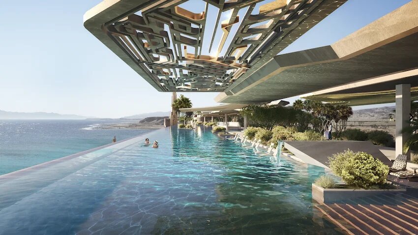 Une piscine à débordement de 450 mètres de long à 36 mètres au-dessus de la mer : l’hôtel veut proposer à ses clients « une expérience grandiose », « comme s’ils flottaient, avec une vue panoramique à couper le souffle sur le lagon, les coraux vifs et les eaux tranquilles et ininterrompues qui s’étendent à l’horizon » (Neom)