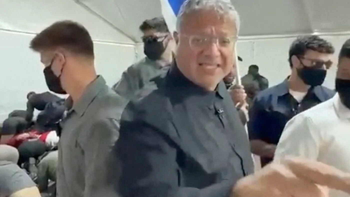 Israeli National Security Minister Itamar Ben Gvir taunted detained activists as they were  manhandled and forced to kneel facing the ground by Israeli officers (Screengrab/X/@itamarbengvir)