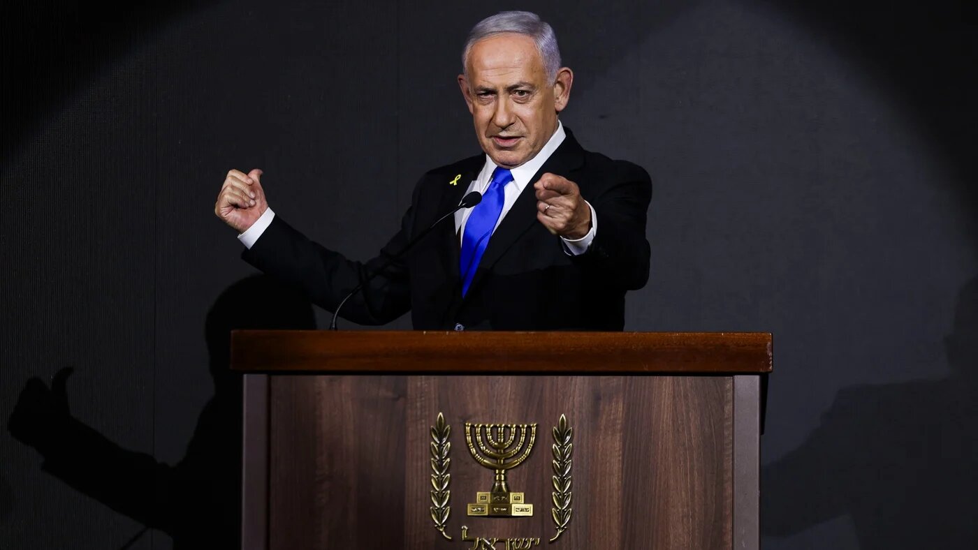 Israeli Prime Minister Benjamin Netanyahu delivers a statement during the US Independence Day reception, known as the annual "Fourth of July" celebration, in Jerusalem on 13 August 2025 (AFP/Pool/Ronen Zvulun)