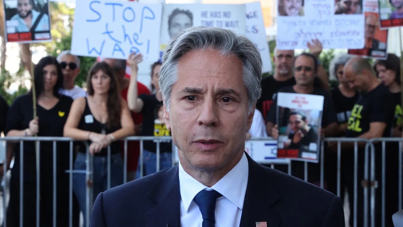 US Secretary of State Antony Blinken talks to reporters after a meeting with families and supporters of Israelis held hostage in Gaza by Palestinian fighters on 11 June 2024.
