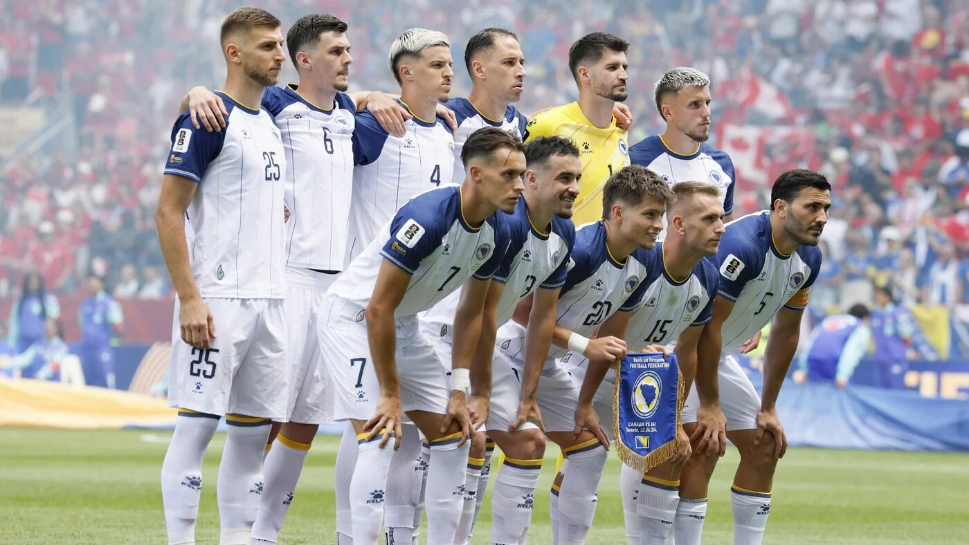 Bosnia and Herzegovina's starting 11 pose for a team photo ahead of a World Cup Group B football match against Canada at Toronto Stadium in Toronto on 12 June 2026 (Kyodo via Reuters)