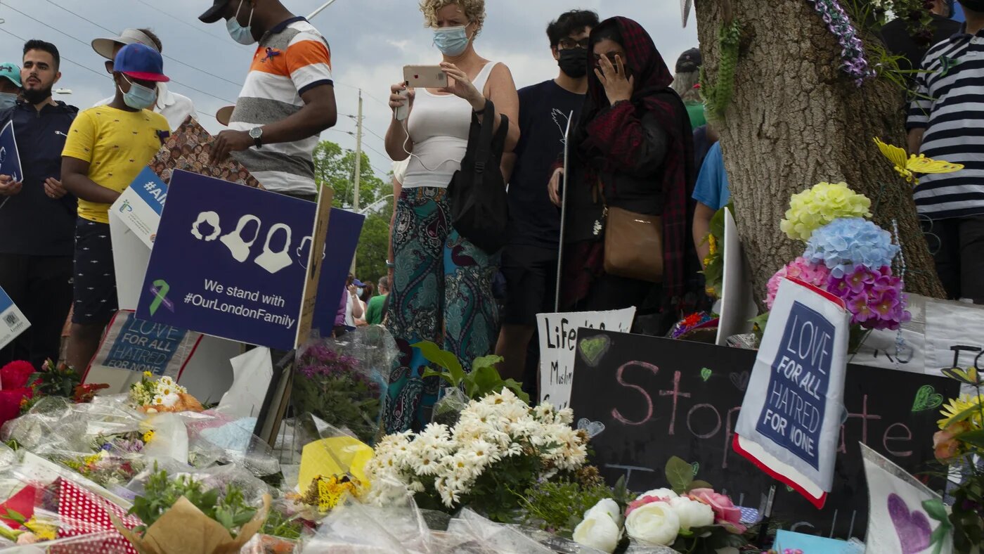 Members of the Muslim community and supporters gather for a multi-faith "March to End Hatred" on 11 June 2021 in London, Ontario, Canada.