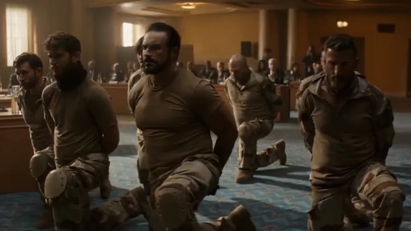 Le film de Ryan Coogler, sorti en France fin 2022, met en scène des soldats français prisonniers à genou devant la reine du Wakanda, un royaume fictif, en tenue proche de celles des soldats français déployés au Mali (capture d’écran) 