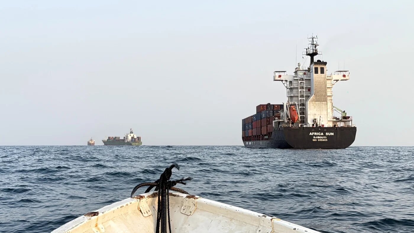 Container ships are seen anchored near the Strait of Bab al-Mandab off Yemen's coast in the Gulf of Aden on 6 August 2026 (AFP)