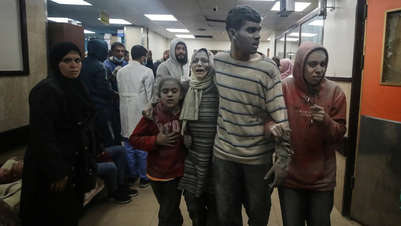 Wounded Palestinians at the hospital following Israeli airstrikes on residential buildings in Deir al-Balah, central Gaza Strip, on 22 February 2024 (Majdi Fathi/NurPhoto via Reuters)